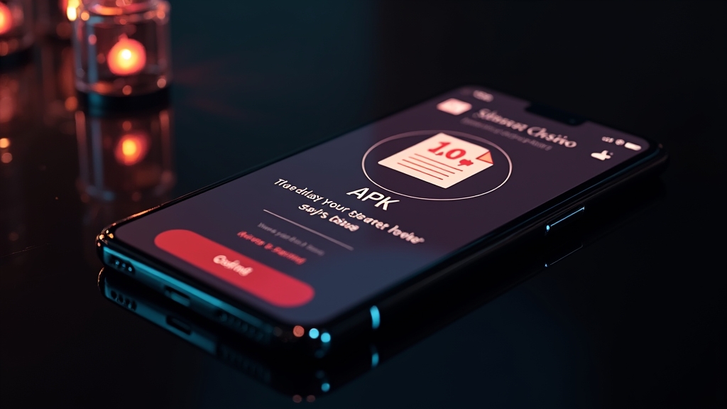 Telefon z plikiem APK i ostrzeżeniem bezpieczeństwa w kasynowym klimacie
